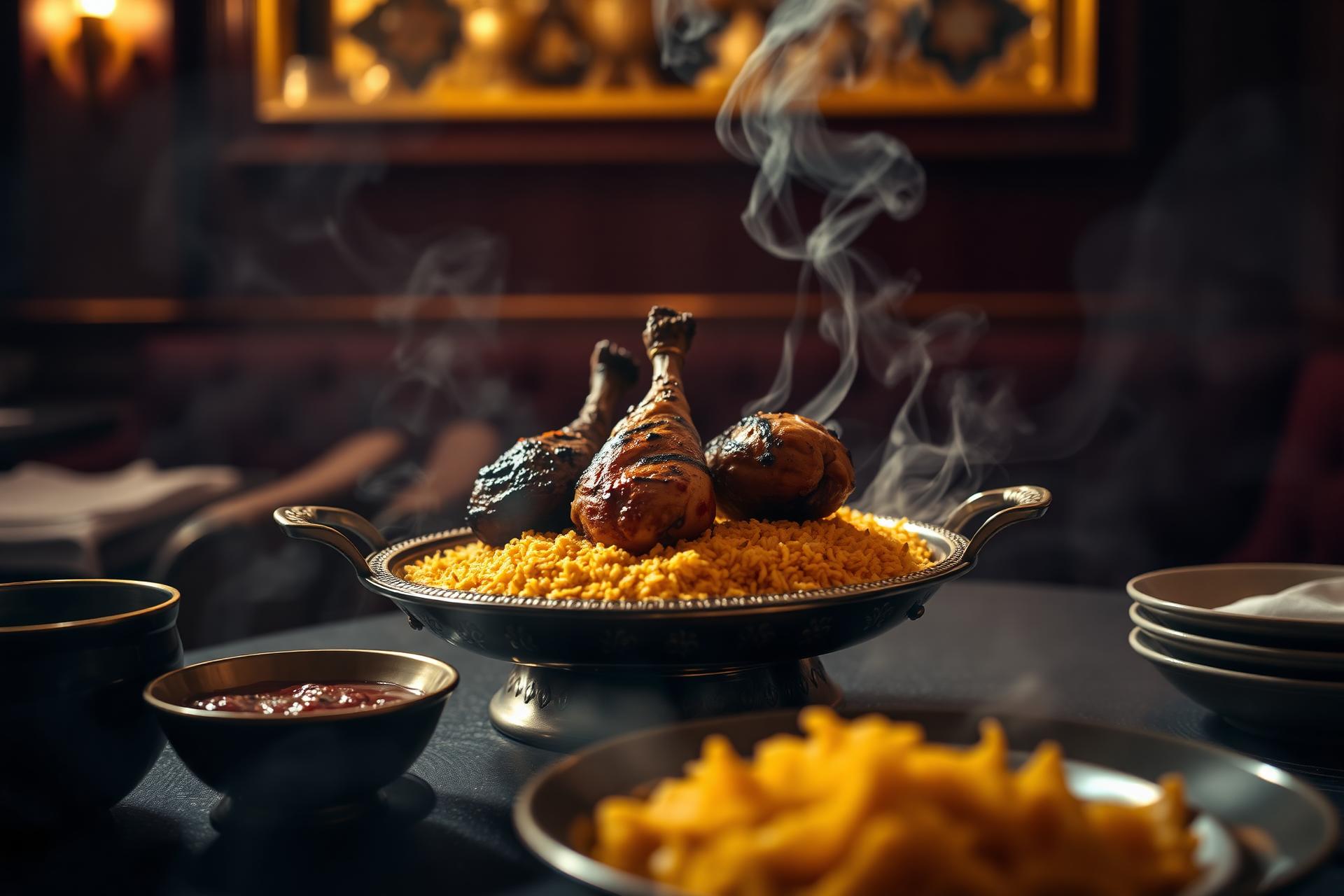Sizzling Arabian BBQ platter with saffron rice